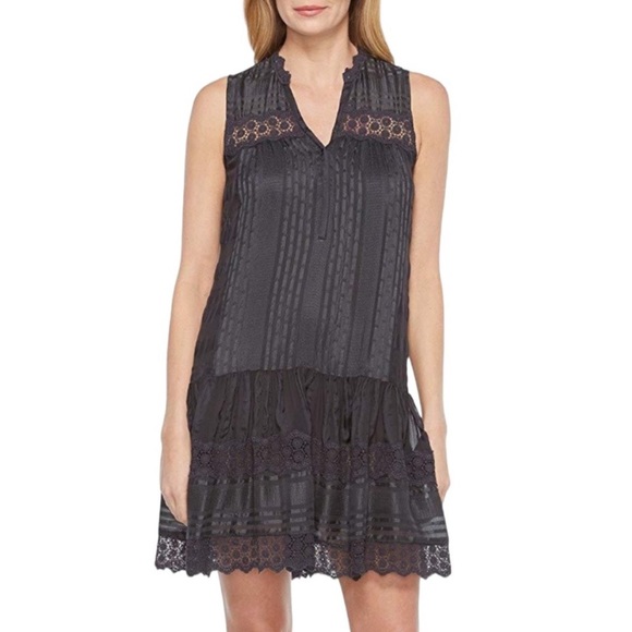 Rebecca Taylor Sleeveless Stripe Silk Dress in Grey sz 4 Crochet Lace Drop Waist - Picture 1 of 13